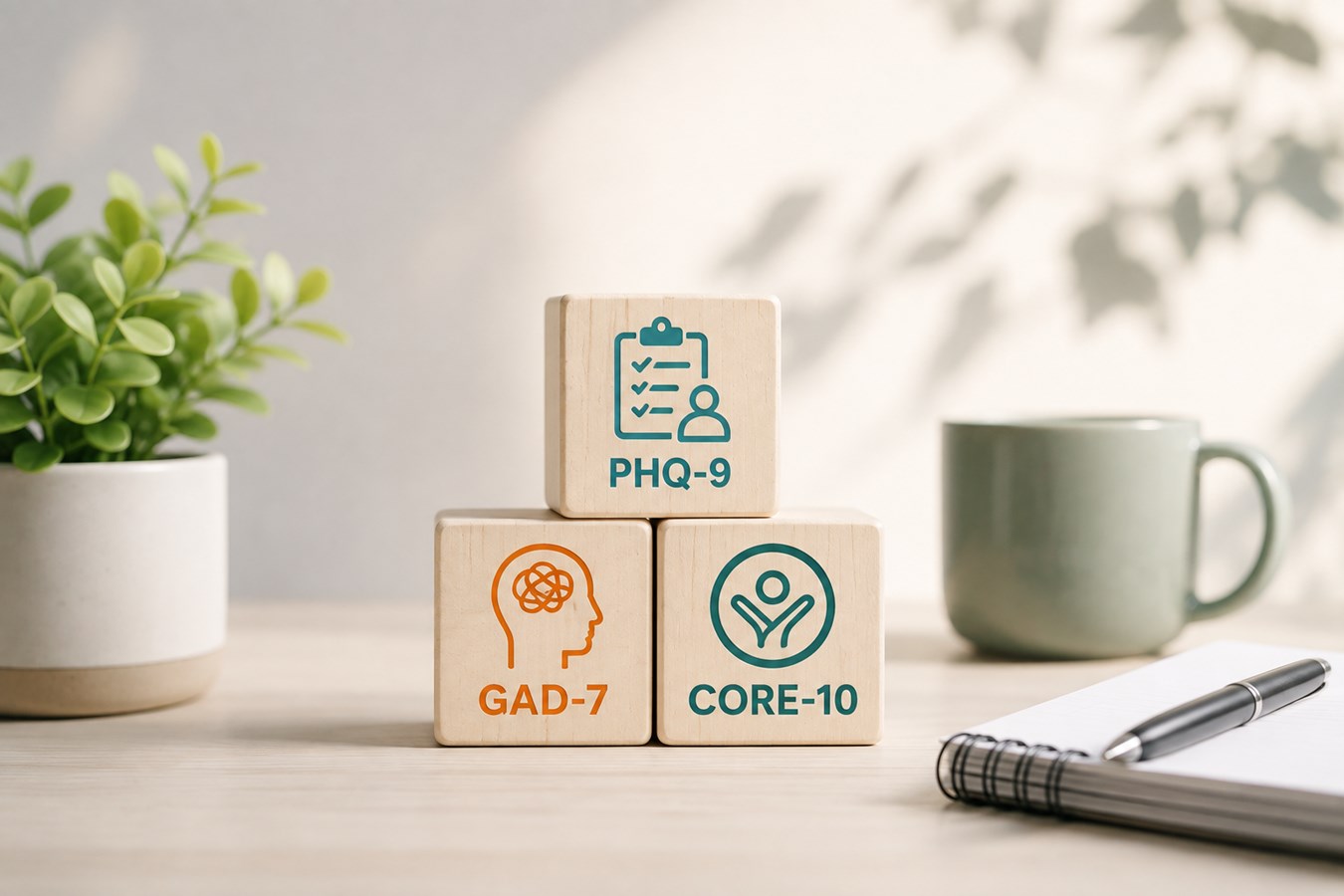 Therapist reviewing PHQ-9 and GAD-7 outcome scores on a tablet