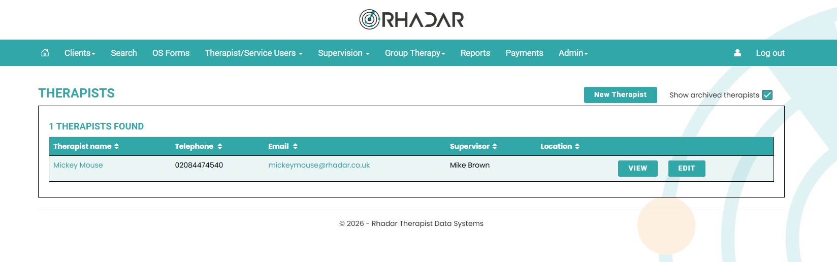 Rhadar Archiving Therapists