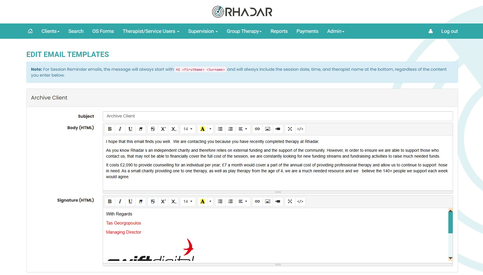 Rhadar Email Template Administration