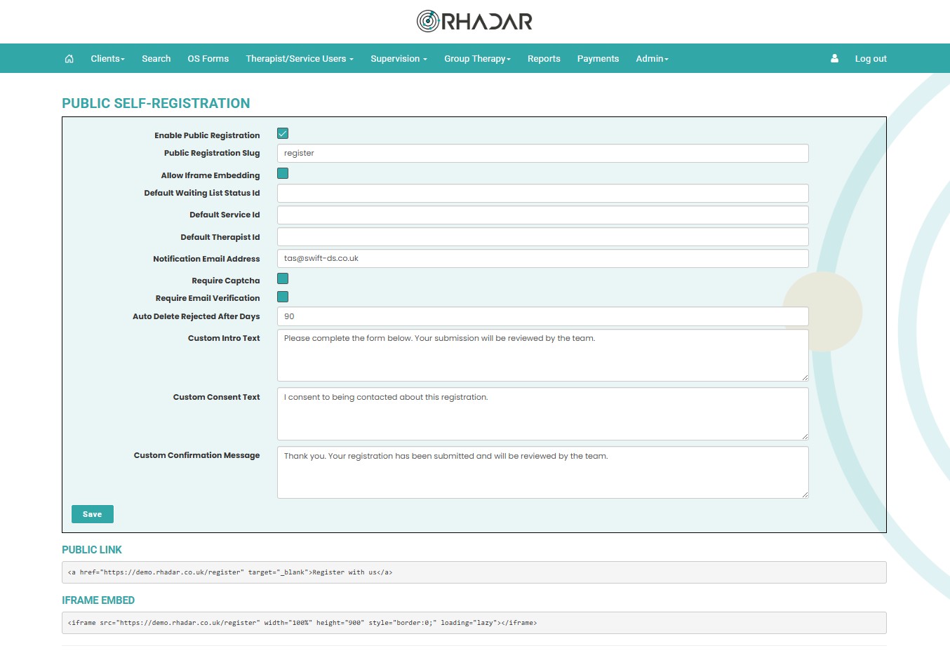 Rhdar self-registration settings