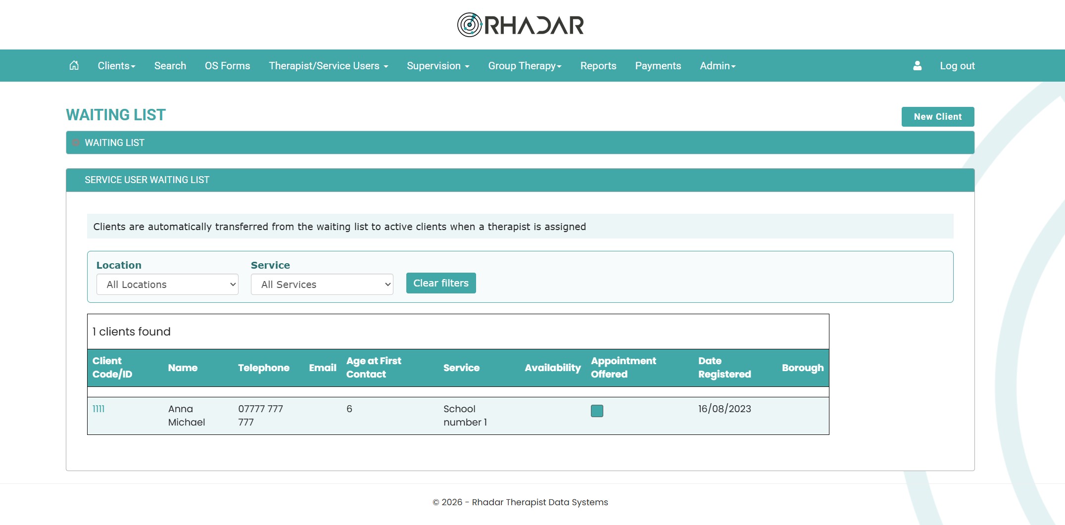 Rhadar Service User Waiting List