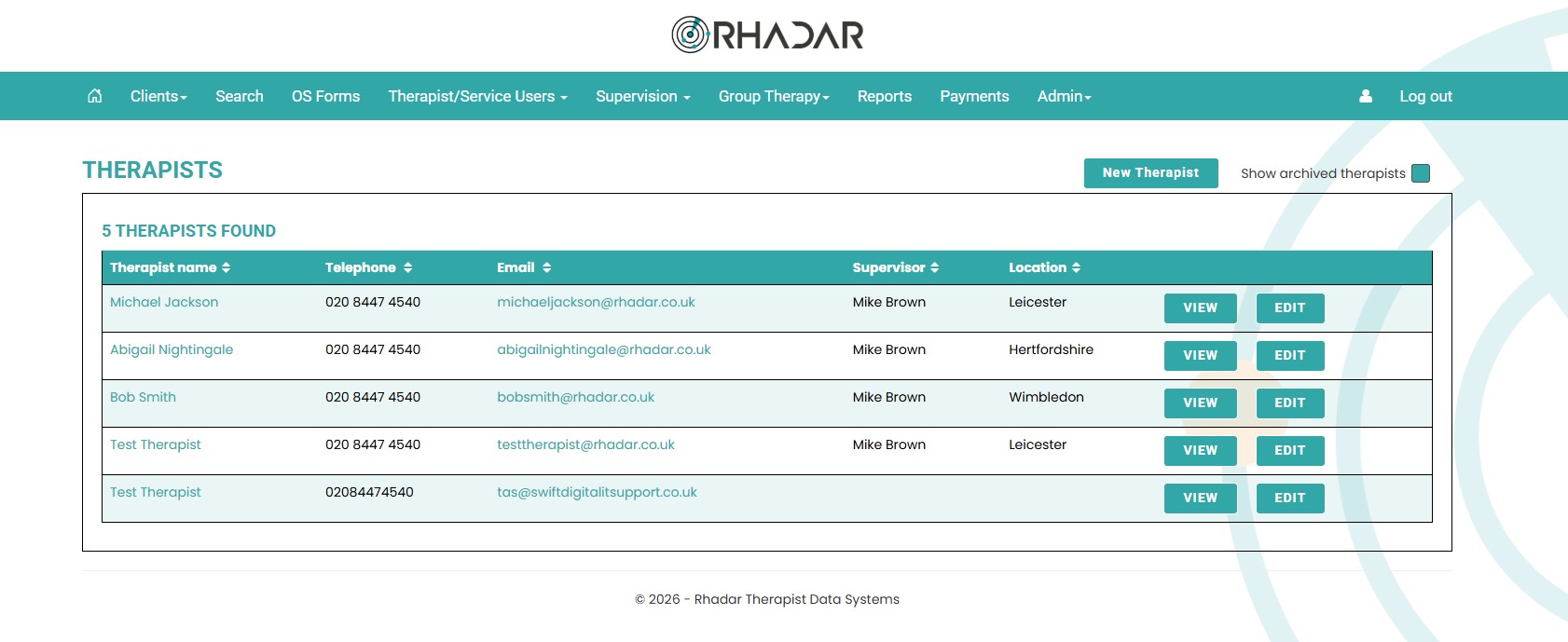 Rhadar Therapist List