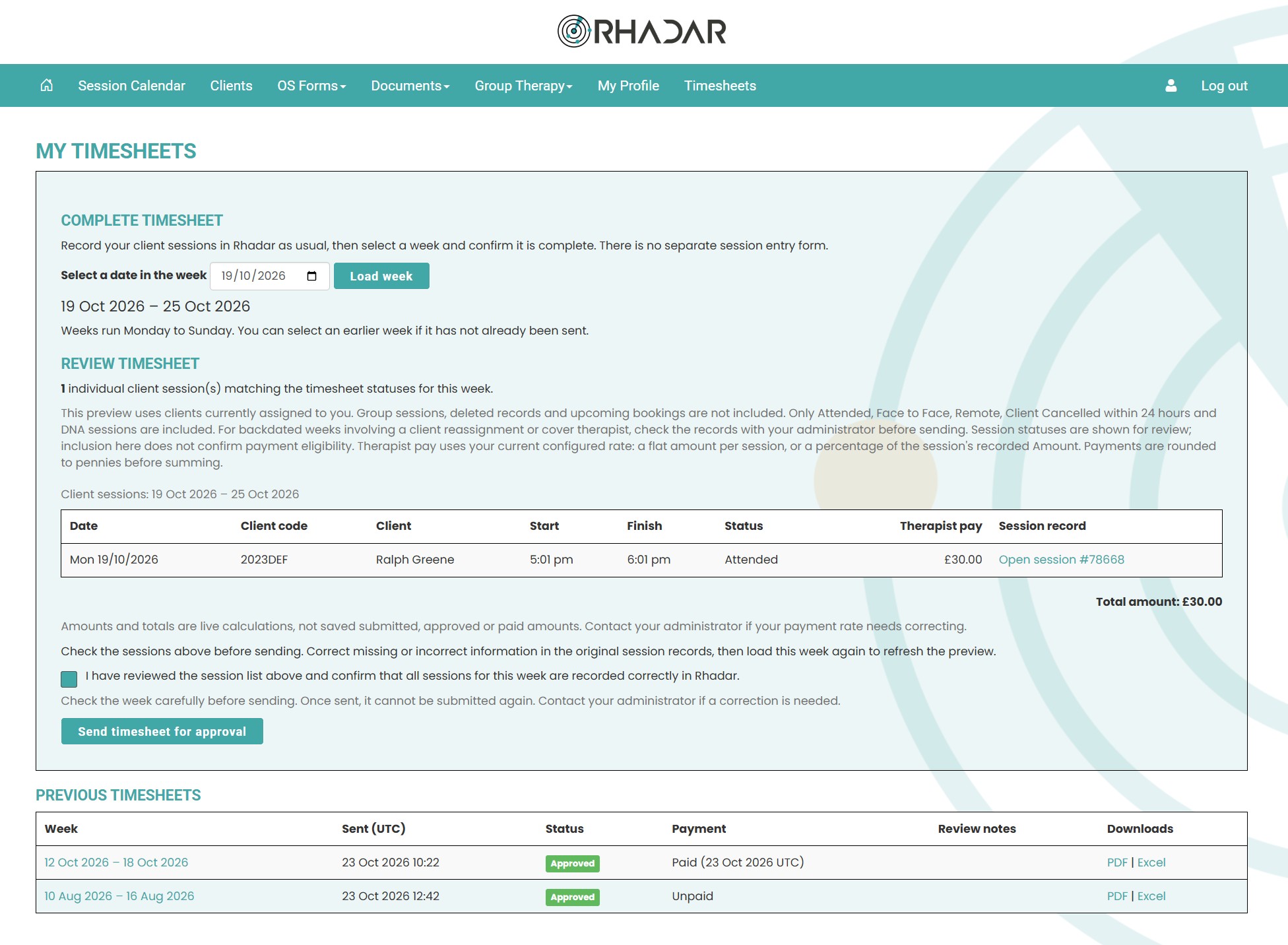 Rhadar Thearpist view of automated Timesheet submission