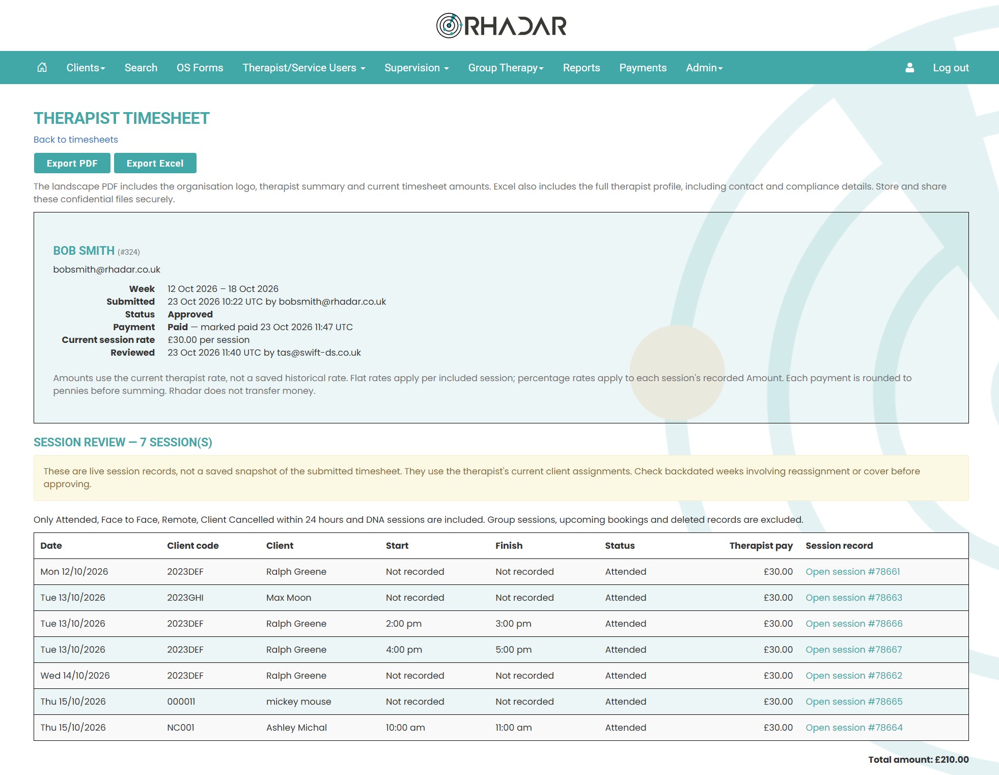 Rhadar Automated Therapist Timesheets